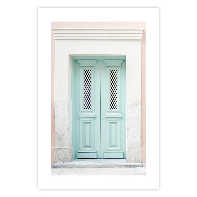 Poster Minty Invitation - turquoise door against pastel architecture background 129480 additionalImage 25