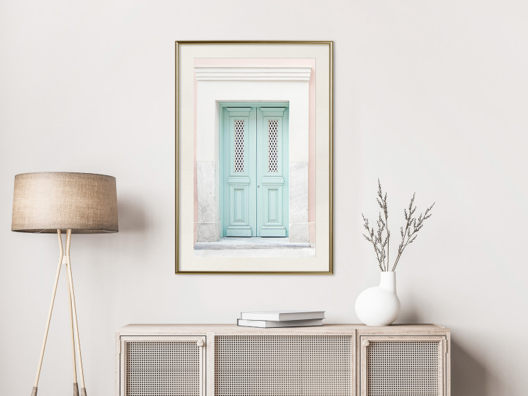 Poster Minty Invitation - turquoise door against pastel architecture background 129480 additionalImage 22