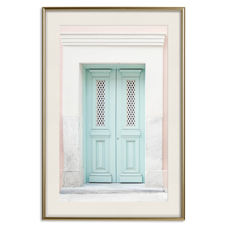 Poster Minty Invitation - turquoise door against pastel architecture background 129480 additionalImage 20