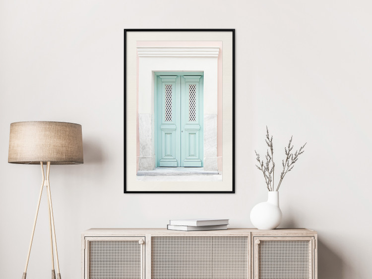 Poster Minty Invitation - turquoise door against pastel architecture background 129480 additionalImage 24