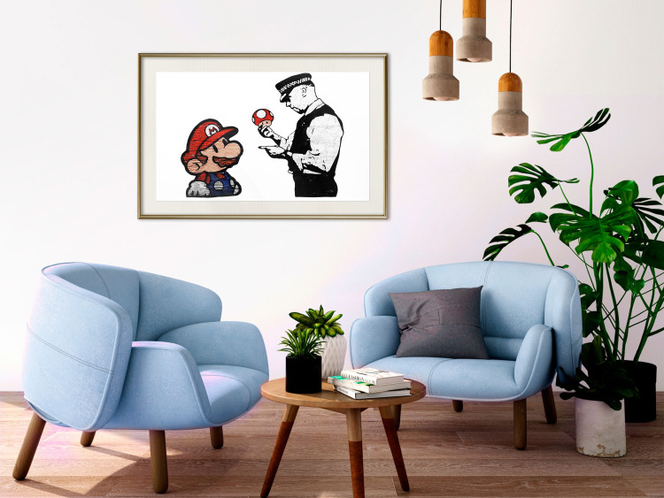 Wall Poster Banksy: Mushroom Picker - colorful character and black policeman on a white background 132480 additionalImage 21