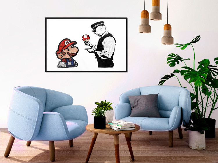 Wall Poster Banksy: Mushroom Picker - colorful character and black policeman on a white background 132480 additionalImage 5