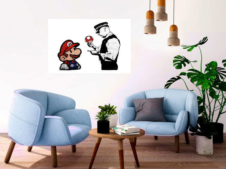 Wall Poster Banksy: Mushroom Picker - colorful character and black policeman on a white background 132480 additionalImage 23