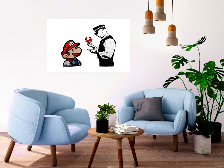Wall Poster Banksy: Mushroom Picker - colorful character and black policeman on a white background 132480 additionalImage 2