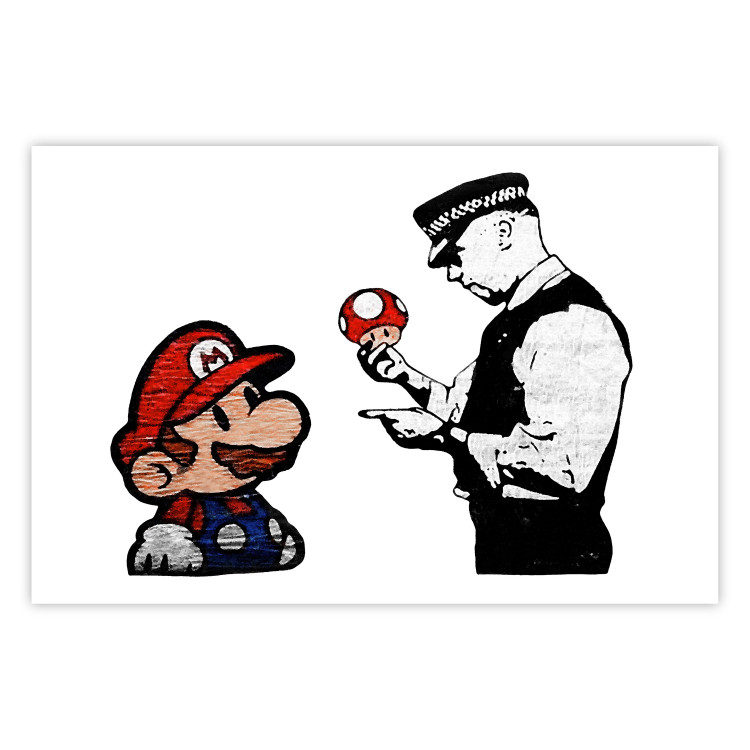 Wall Poster Banksy: Mushroom Picker - colorful character and black policeman on a white background 132480