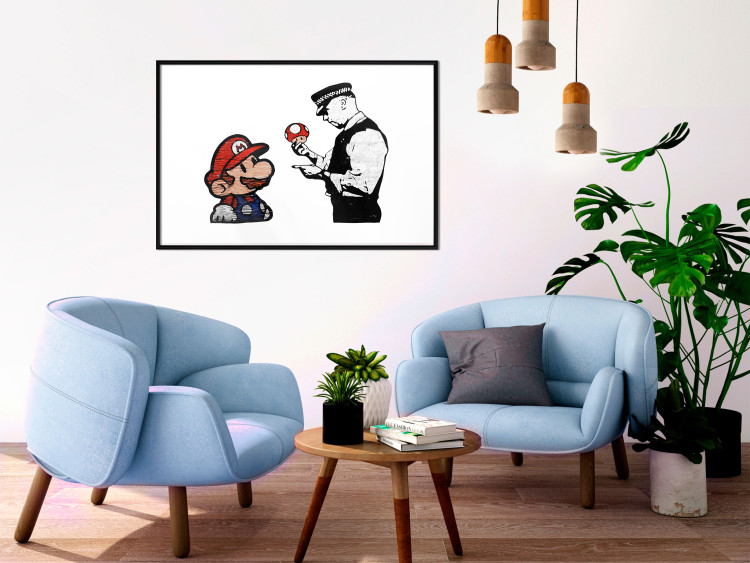 Wall Poster Banksy: Mushroom Picker - colorful character and black policeman on a white background 132480 additionalImage 6