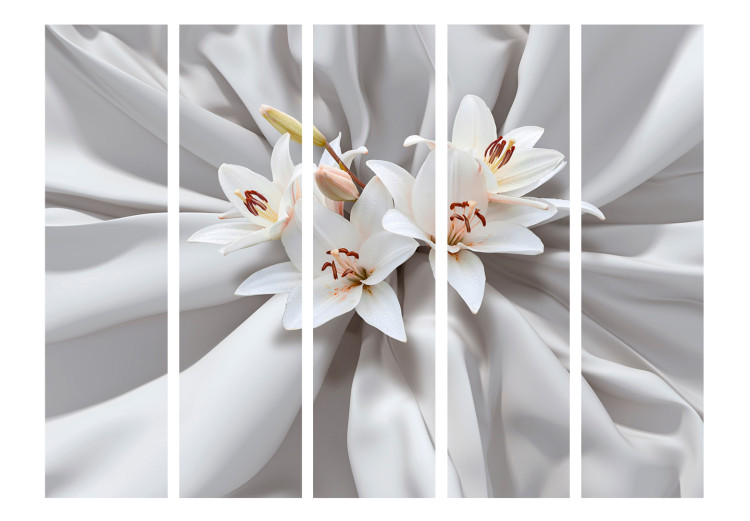 Room Separator Sensual Lilies II - lily flowers on a background of white luxury fabric 133880 additionalImage 3
