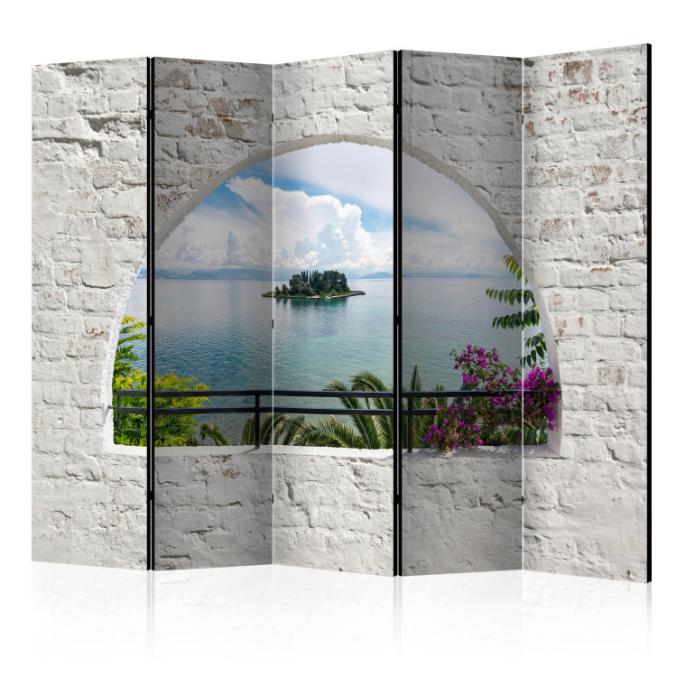 Folding Screen Corfu Island II - view from the window of an ocean and island landscape with trees 134080