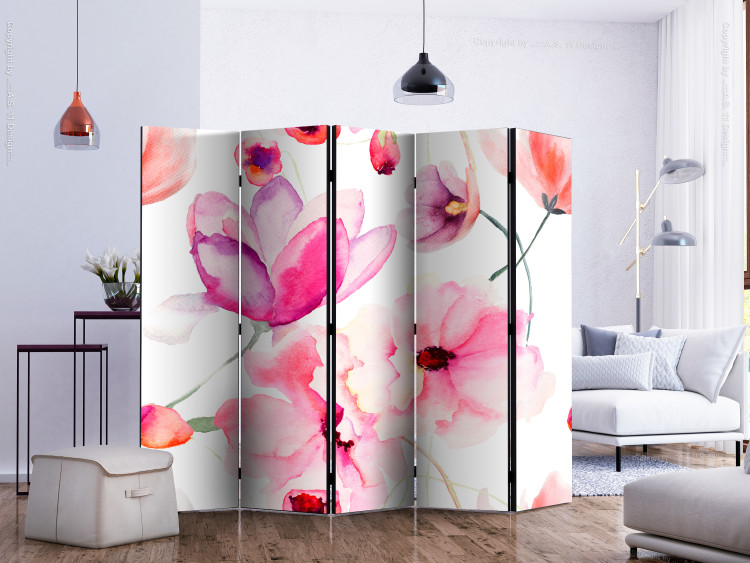 Room Divider Pink Flowers II (5-piece) - blooming nature on a uniform background 134280 additionalImage 2