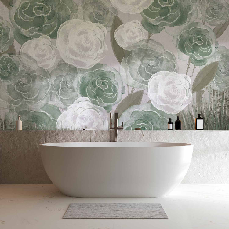 Wall Mural Dense Roses - Painted Large Flowers in Shades of Green on a Gray Background 145180 additionalImage 8