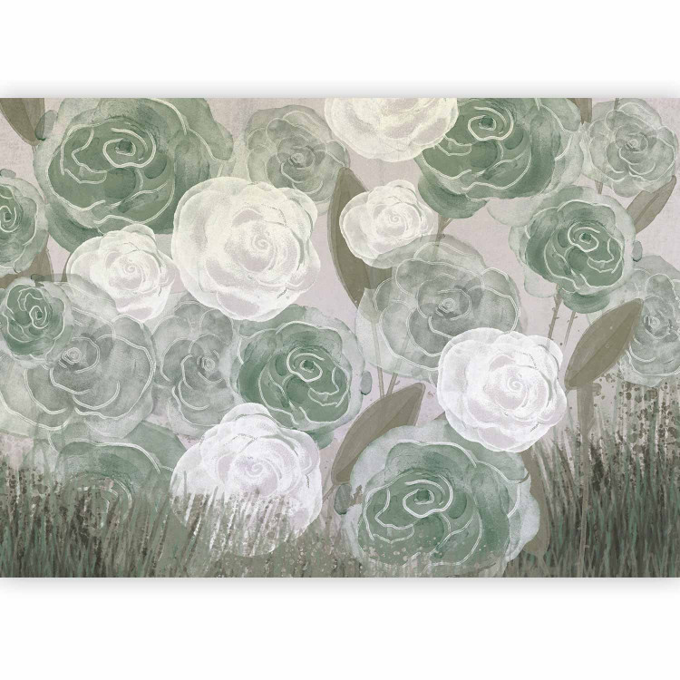 Wall Mural Dense Roses - Painted Large Flowers in Shades of Green on a Gray Background 145180 additionalImage 1