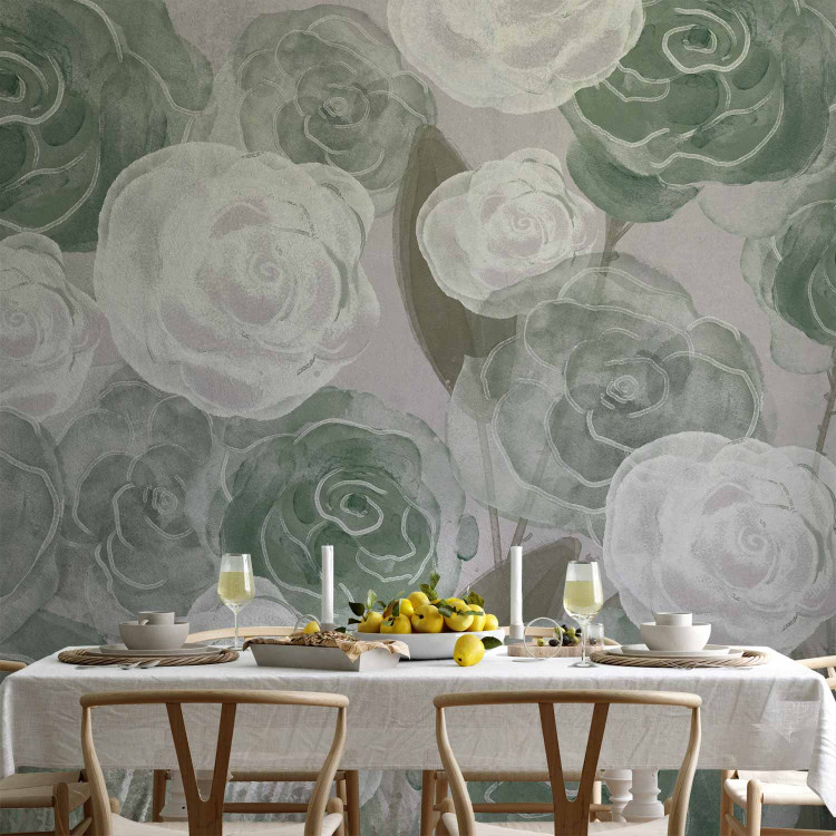 Wall Mural Dense Roses - Painted Large Flowers in Shades of Green on a Gray Background 145180 additionalImage 6