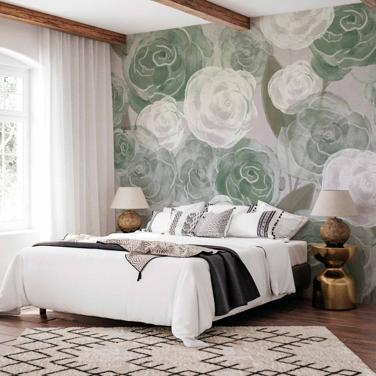 Wall Mural Dense Roses - Painted Large Flowers in Shades of Green on a Gray Background 145180 additionalImage 2