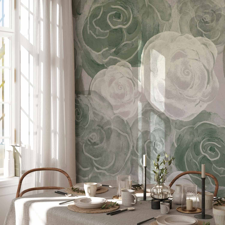 Wall Mural Dense Roses - Painted Large Flowers in Shades of Green on a Gray Background 145180 additionalImage 7