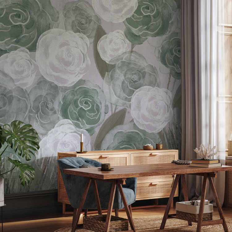 Wall Mural Dense Roses - Painted Large Flowers in Shades of Green on a Gray Background 145180 additionalImage 4