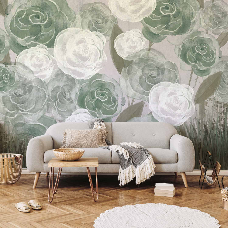 Wall Mural Dense Roses - Painted Large Flowers in Shades of Green on a Gray Background 145180