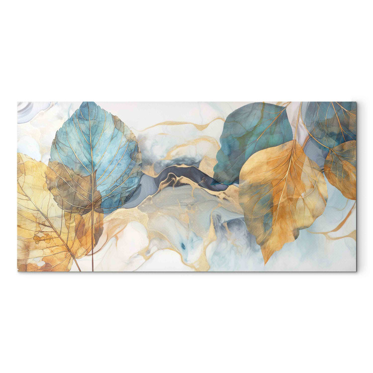 Canvas A Breath of Autumn - Yellow and Blue Leaves on an Abstract Background 151280
