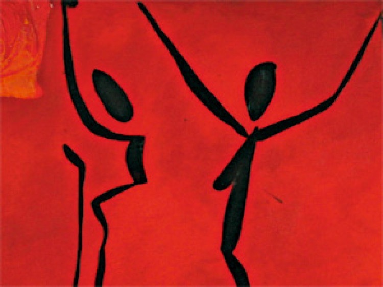Canvas Print Ritual (1-piece) - silhouettes dancing on a red background with designs 47080 additionalImage 2