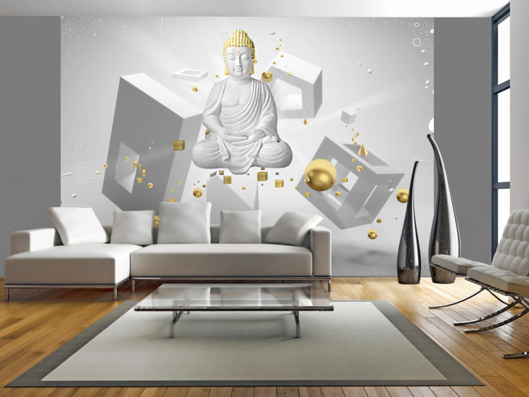 Photo Wallpaper Orient - Buddha sculpture on a background in grey with geometric figures 97080