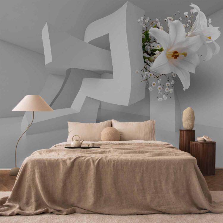 Wall Mural Abstract geometric illusion - lily flowers in a white space 97380 additionalImage 2