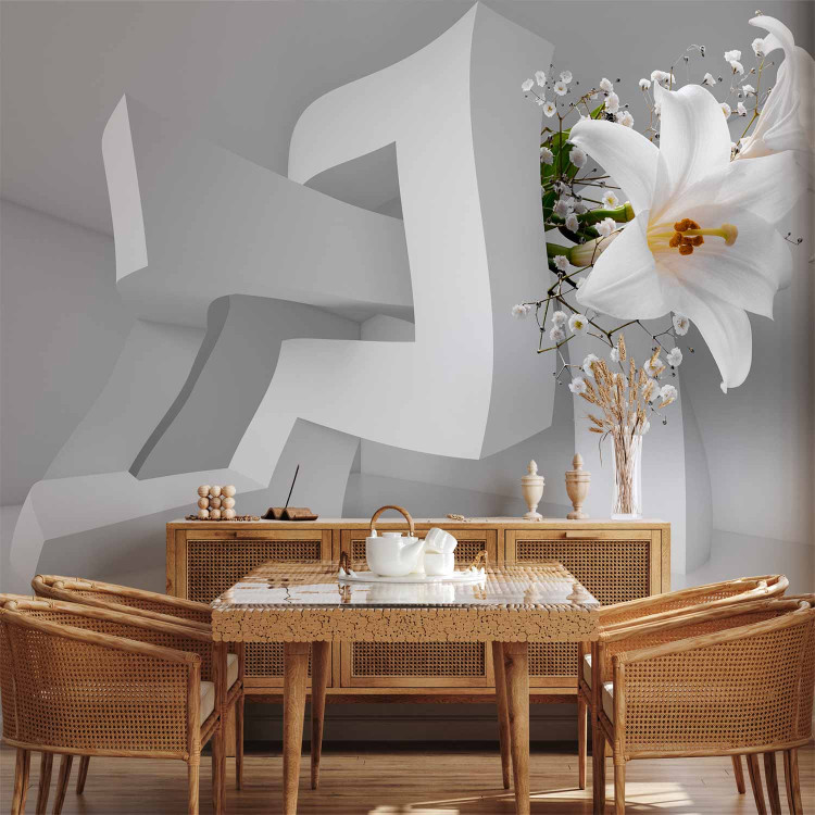 Wall Mural Abstract geometric illusion - lily flowers in a white space 97380 additionalImage 4