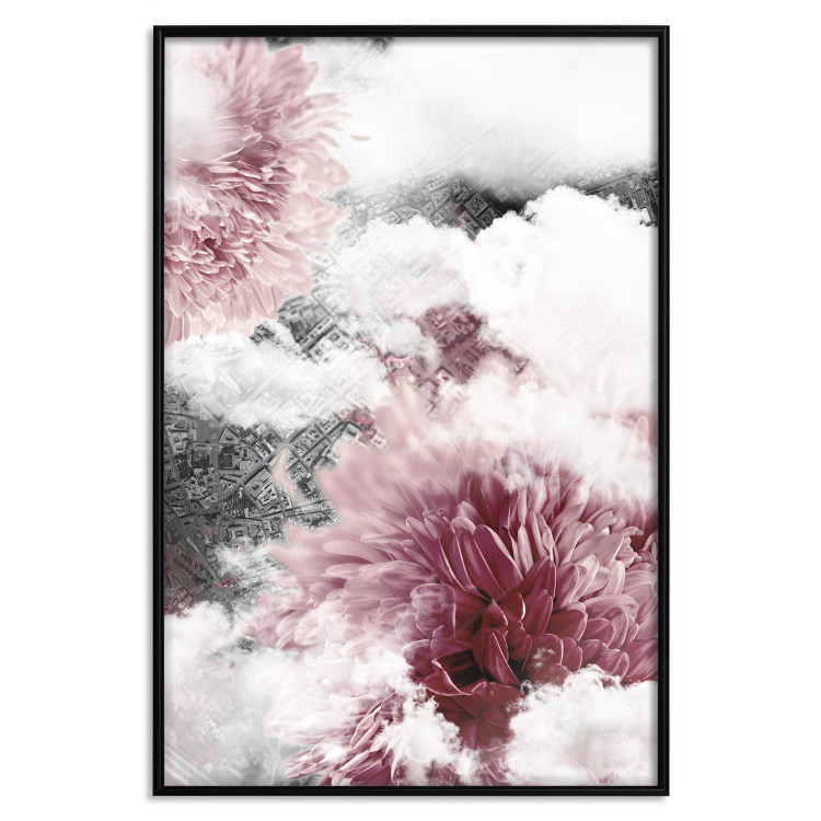 Poster Flowers in the Clouds - pink flowers amidst clouds against the backdrop of a city map 122790 additionalImage 24