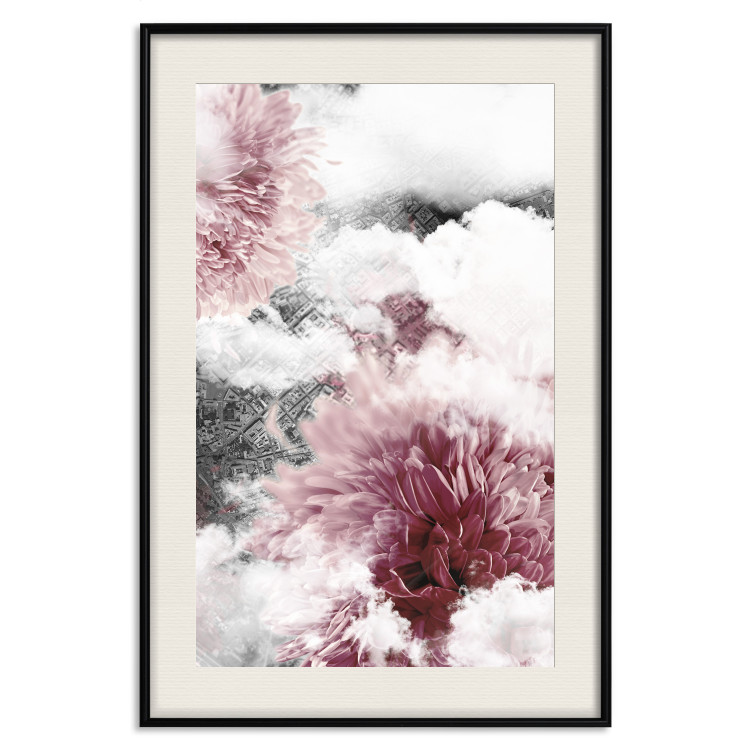 Poster Flowers in the Clouds - pink flowers amidst clouds against the backdrop of a city map 122790 additionalImage 18