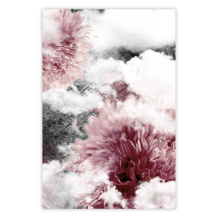 Poster Flowers in the Clouds - pink flowers amidst clouds against the backdrop of a city map 122790