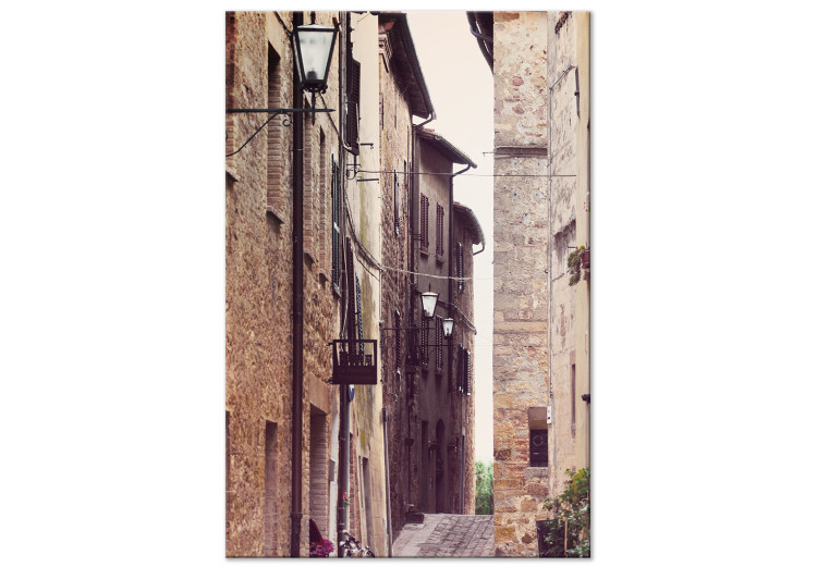 Canvas Art Print Narrow street and tenement houses - street photo of houses and lantern 123890