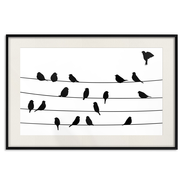 Poster Bird Family - black and white birds sitting on wires on a white background 125090 additionalImage 18