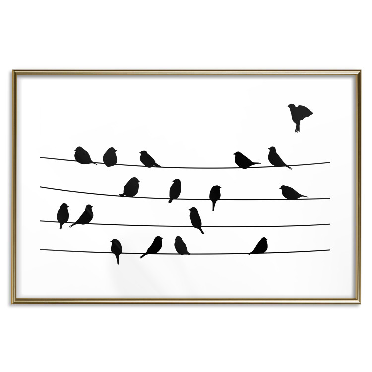 Poster Bird Family - black and white birds sitting on wires on a white background 125090 additionalImage 14