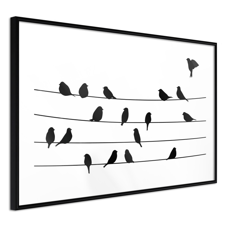 Poster Bird Family - black and white birds sitting on wires on a white background 125090 additionalImage 11
