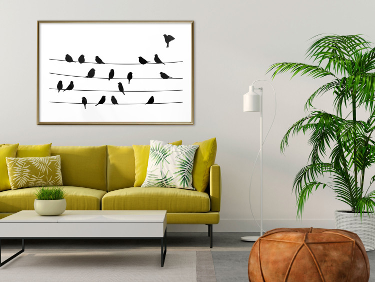 Poster Bird Family - black and white birds sitting on wires on a white background 125090 additionalImage 15