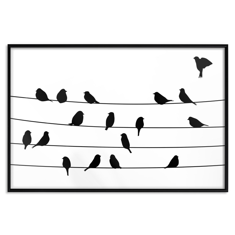 Poster Bird Family - black and white birds sitting on wires on a white background 125090 additionalImage 24