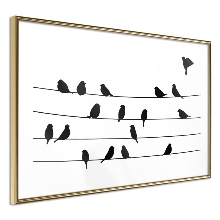 Poster Bird Family - black and white birds sitting on wires on a white background 125090 additionalImage 6