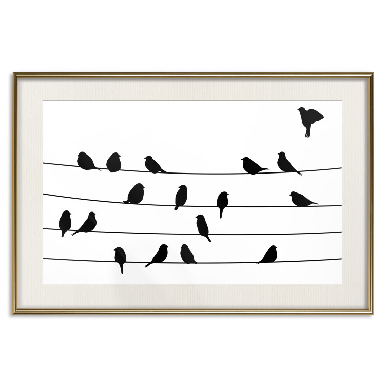 Poster Bird Family - black and white birds sitting on wires on a white background 125090 additionalImage 19