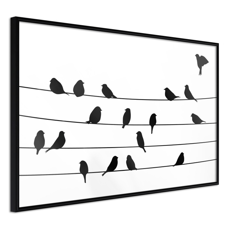 Poster Bird Family - black and white birds sitting on wires on a white background 125090 additionalImage 10