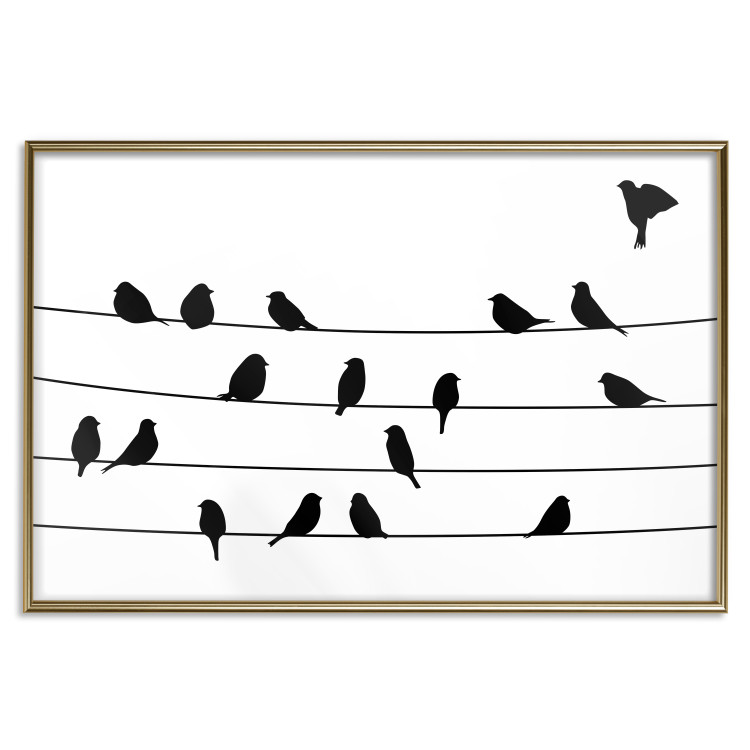 Poster Bird Family - black and white birds sitting on wires on a white background 125090 additionalImage 20
