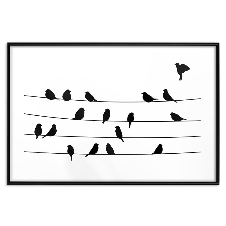 Poster Bird Family - black and white birds sitting on wires on a white background 125090 additionalImage 15