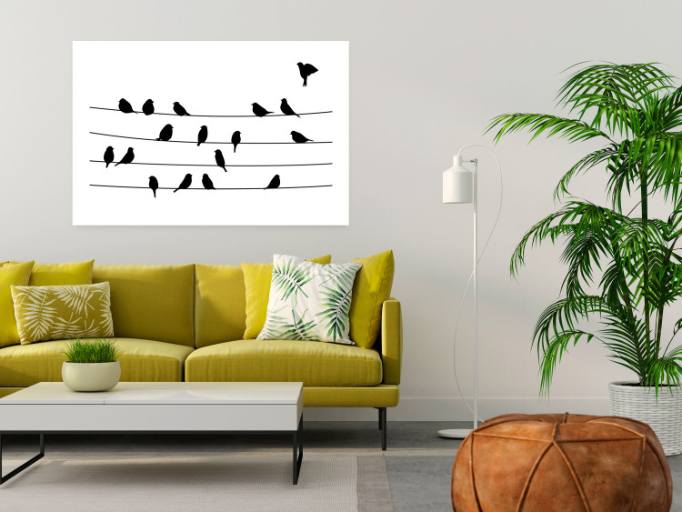 Poster Bird Family - black and white birds sitting on wires on a white background 125090 additionalImage 2