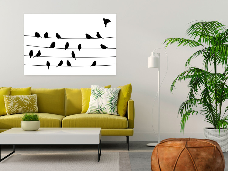 Poster Bird Family - black and white birds sitting on wires on a white background 125090 additionalImage 23