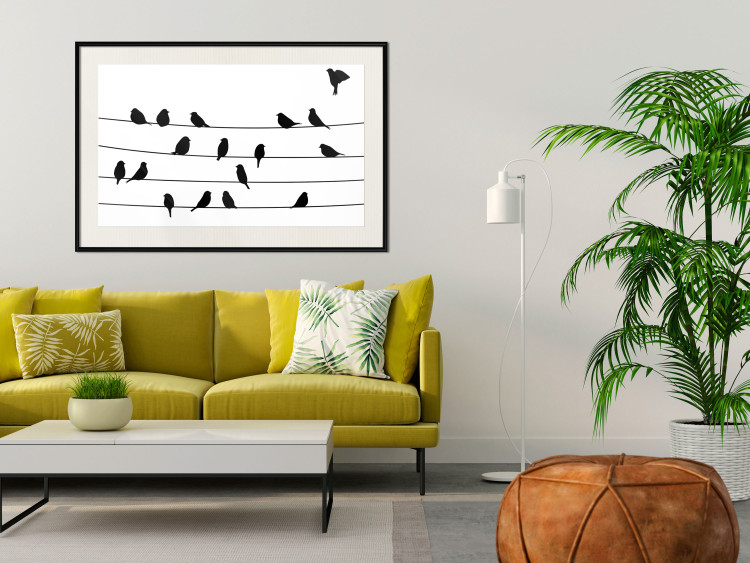 Poster Bird Family - black and white birds sitting on wires on a white background 125090 additionalImage 22