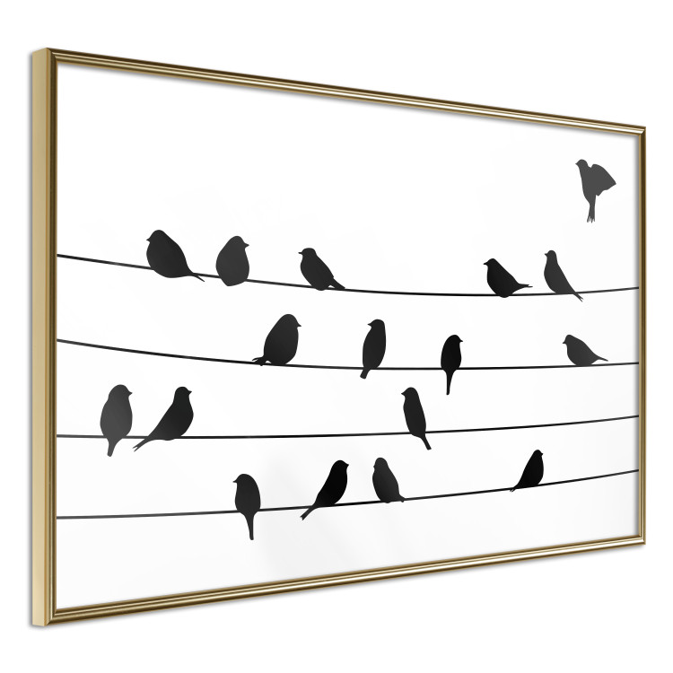 Poster Bird Family - black and white birds sitting on wires on a white background 125090 additionalImage 12