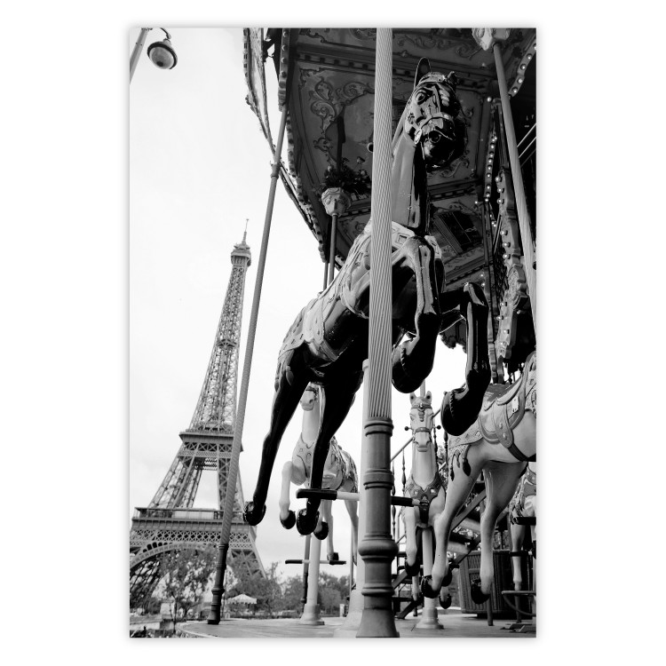 Poster Spinning Paris - gray carousel landscape with a horse against the backdrop of the Eiffel Tower 132290
