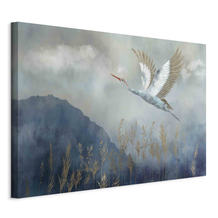 Large canvas print A Heron in Flight - A Bird Flying Against the Background of Dark Blue Mountains Covered With Fog [Large Format] 151190 additionalImage 2