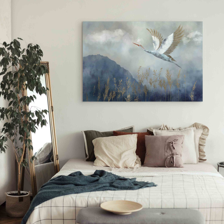 Large canvas print A Heron in Flight - A Bird Flying Against the Background of Dark Blue Mountains Covered With Fog [Large Format] 151190 additionalImage 4