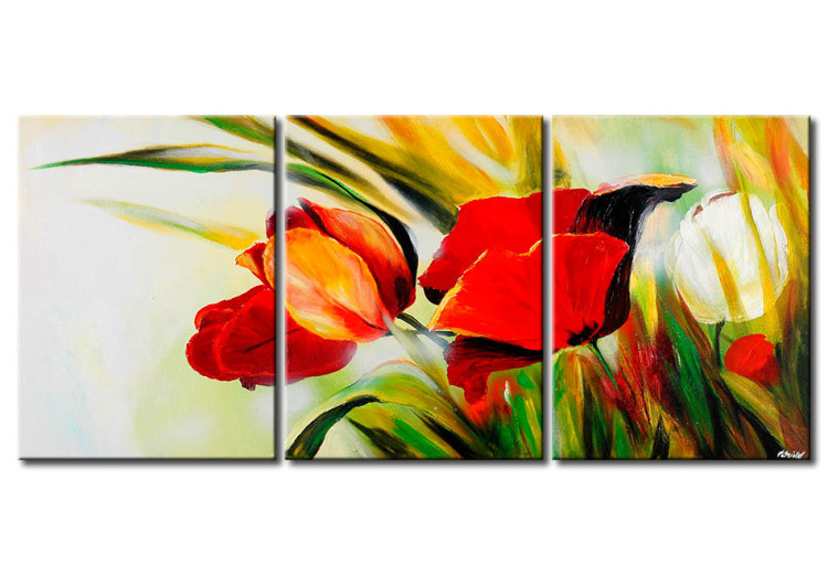 Canvas Art Print Hidden (3-piece) - Nature with red flowers on a light background 48690