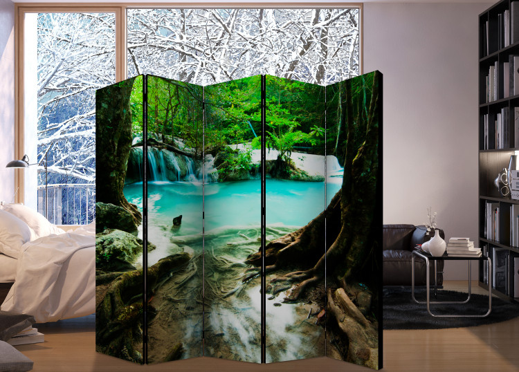 Folding Screen Crystal Clear Water II - jungle landscape against a blue water background 108401 additionalImage 2