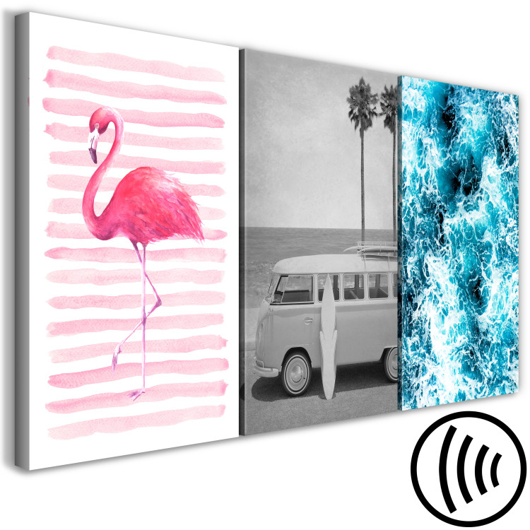 Canvas Miami symbols - flamingo, old car - van, surfboard and ocean 117101 additionalImage 6