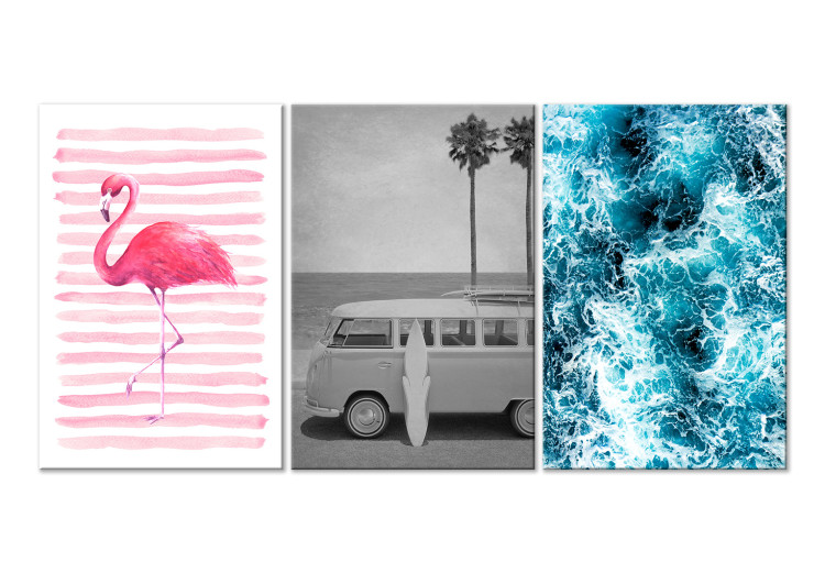 Canvas Miami symbols - flamingo, old car - van, surfboard and ocean 117101